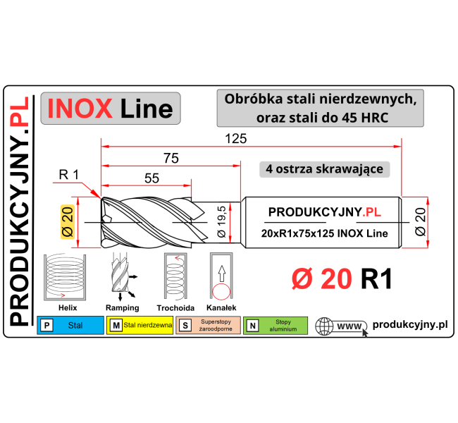 Frez z promieniem naroża fi 20 R1 INOX LINE
